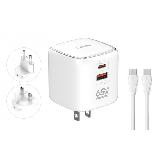 LDNIO φορτιστής τοίχου Q2617 με καλώδιο USB-C, EU/UK/US βύσμα, USB/USB-C, 65W, GaN, λευκός