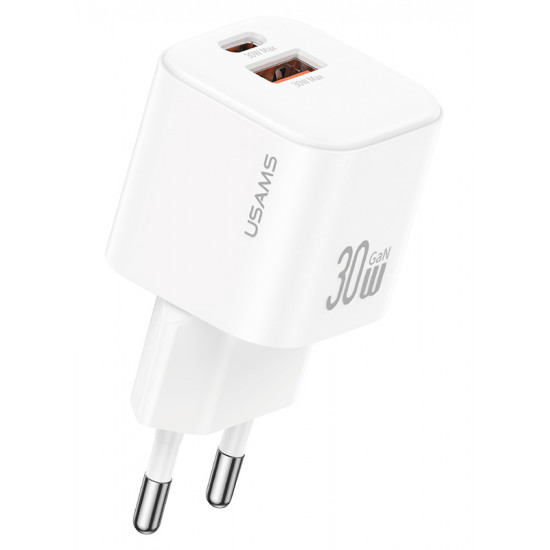 USAMS φορτιστής τοίχου CC263, USB & USB-C, 30W, GaN, λευκός