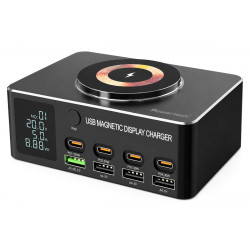 POWERTECH σταθμός φόρτισης PT-1625 με οθόνη, 4x USB/4x USB-C/wireless, 140W, μαύρος