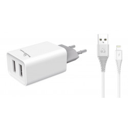 POWERTECH φορτιστής τοίχου PT-777, καλώδιο Lightning, 2x USB 2.1A, λευκό