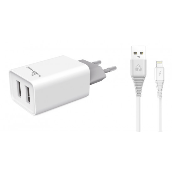 POWERTECH φορτιστής τοίχου PT-777, καλώδιο Lightning, 2x USB 2.1A, λευκό