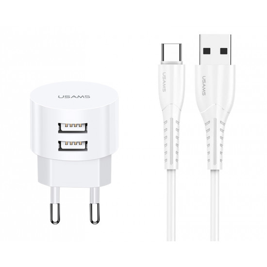 USAMS φορτιστής τοίχου T20 & καλώδιο type-C, 2x USB, 2.1A, λευκός