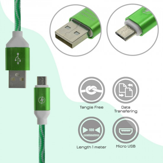 Πλεκτό Καλώδιο Φόρτισης - Δεδομένων Micro Usb Green 1m