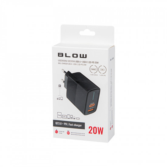 Φορτιστής με υποδοχή USB & USB-C με QC+PD 20W BLOW