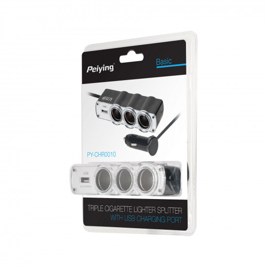 Splitter αναπτήρα αυτοκινήτου 1 σε 3 με καλώδιο και 1x USB Peiying