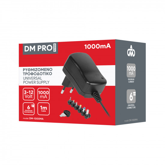 Ρυθμιζόμενο Universal Τροφοδοτικό 3-12V 1000mA 12W με σετ βυσμάτων DM PRO Power