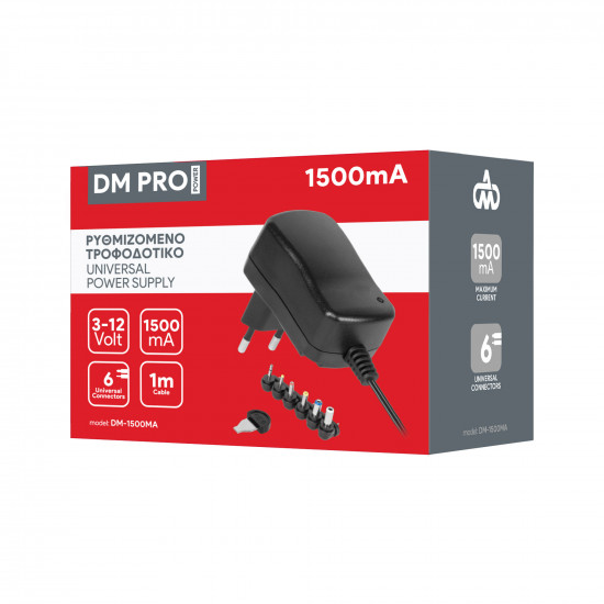 Ρυθμιζόμενο Universal Τροφοδοτικό 3-12V 1500mA 18W με σετ βυσμάτων DM PRO Power