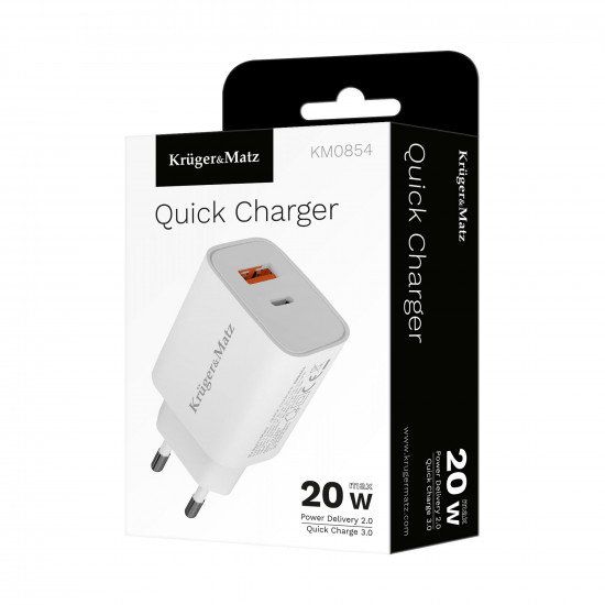 Φορτιστής USB A - USB C 20W με λειτουργία Power Delivery και Quick Charge Kruger&Matz GAN