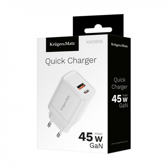 Φορτιστής USB A - USB C 45W με λειτουργία Power Delivery και Quick Charge Kruger&Matz GAN