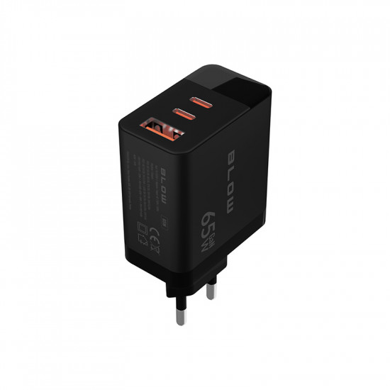 Φορτιστής LCD με USB + 2x USB-C PD 65W GAN BLOW μαύρος