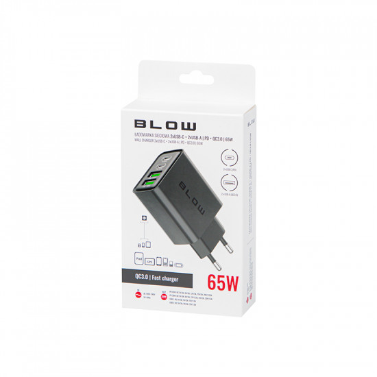 Φορτιστής 65W 2x USB-A + USB-C QC+PD 65W Blow μαύρος