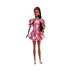 Mattel Barbie: Deluxe Style - Metallic Pink Dress Brown Hair with Dark Skin Doll (JFP41)