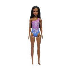 Mattel Barbie: Beach - Dark Skin Doll Wearing Tropical Pink and Blue Swimsuit (HXX49)