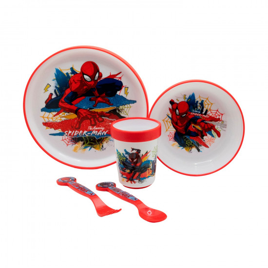 Stor: Marvel Spiderman - 5 Pcs Non Slip Bicolor Premium Set (Plate Bowl Tumbler 260 Ml & Cutlery) (83581)