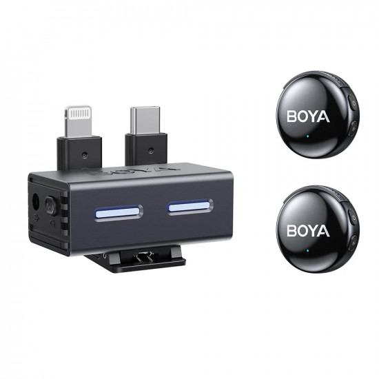 BOYALINK 3 - Type-C, Lightning & 3,5mm AI-Powered Button Wireless Microphone 2 TX + 1 RX + cha. Case