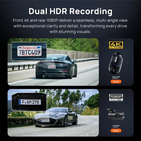 70mai Dash Cam 4K Omni 360° + Reaview Full View with Dual Sony STARVIS 2, AI 2.0 & 4G LTE (X800-2)