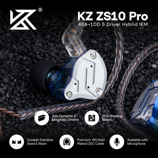 KZ ZS10 PRO Blue With Mic - IEM 3,5 Musician In Ear Monitor Earphones, 4BA+1DD 5 Driver 10mm, metal