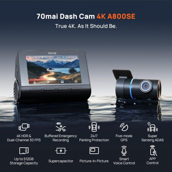 70mai A800SE-1 Front & Rear Dash Cam 4k w. 3inch screen set w. Rearview Cam - 2160p 140FOV