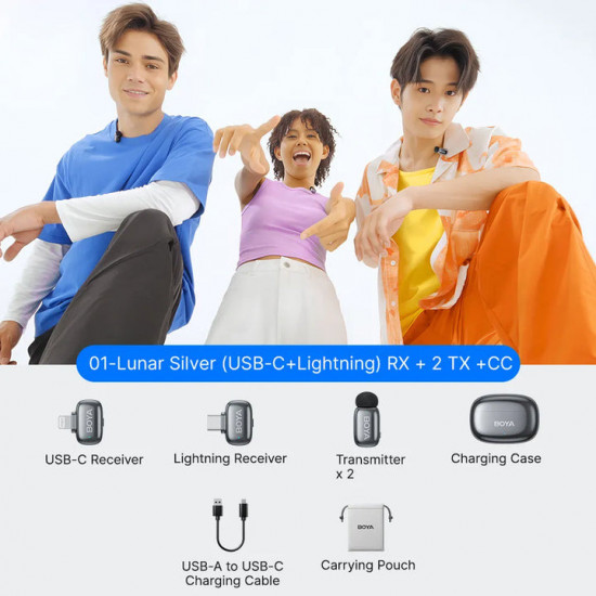 BOYA mini 2 Lightning & Type-C -Space Grey, 2,4GHz 2mic Wireless AI-ANC Mic w. Charging Box