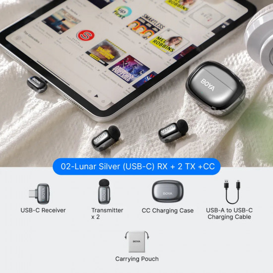 BOYA mini 2 Type-C Space Gray, 2,4GHz 2mic Wireless AI-ANC Mic w. Charging Box Mono/stereo/safety-tr
