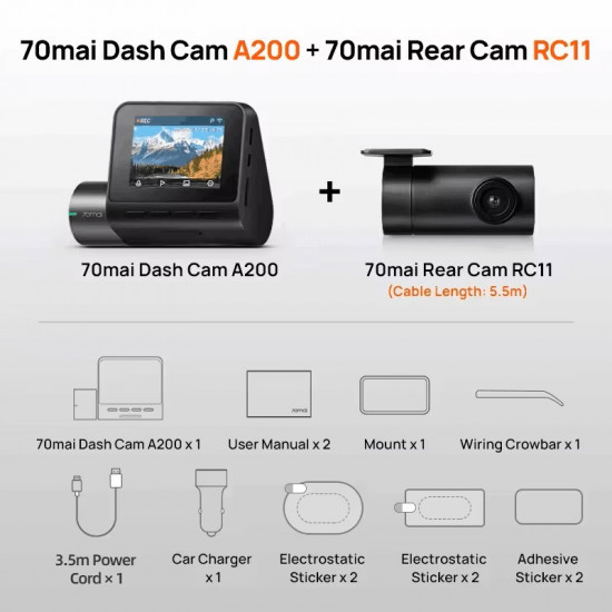 70mai A200-1 Front & Rear Dash Cam w. Screen, Set with RC11 Rearview Camera, 1080P 60FPS 130FOV 500m