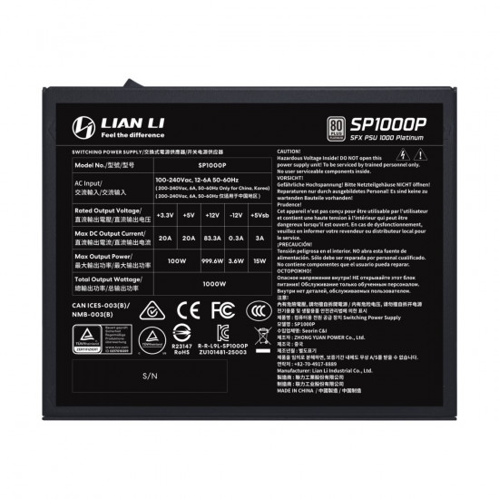 LIAN LI SP1000P Black -1000W 80+ Platinum PSU - 10 Years Warranty - 12V-2x6 - Japanese Capacitors
