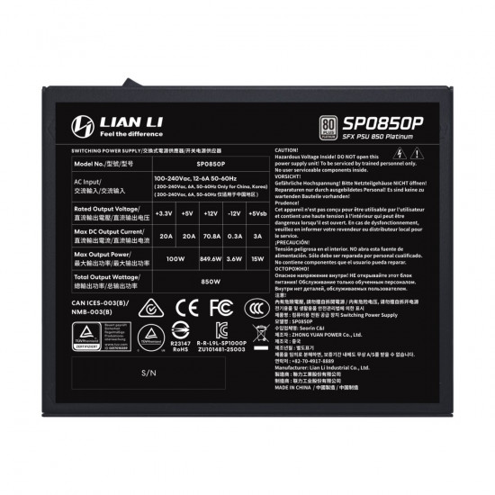 LIAN LI SP0850P Black - 850W 80+ Platinum PSU - 10 Years Warranty - 12V-2x6 - Japanese Capacitors
