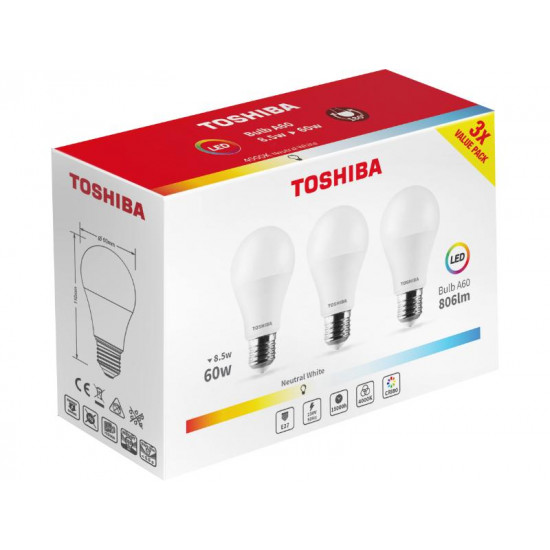 TOSHIBA LED 3PACK A60 E27 8.5W 4000K DELS-BL448P5B0AE23