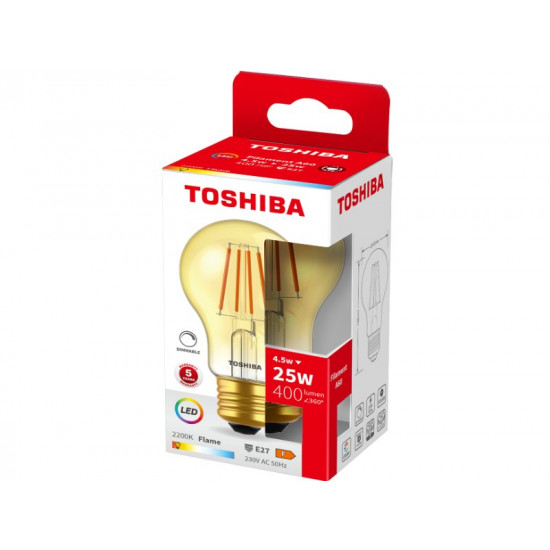 TOSHIBA LED FILAMENT AMBER A60 E27 4.5W 2200K DIMMABLE DELS-FBA44P5A7DF11