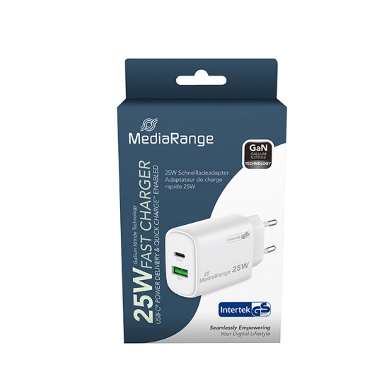 MediaRange 25W GaN Fast Charging Adapter (EU-Plug), 1x USB-C and 1x USB-A, USB-C® Power Delivery and Quick Charge enabled, White) (MRMA112-2)