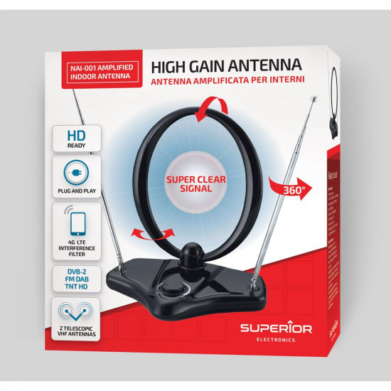 Superior Εσωτερική Ενισχυμένη Κεραία Τηλεόρασης VHF/UHF/FM με Υποστήριξη HD/Full HD/4K (SUPNAI001) (SPRSUPNAI001)