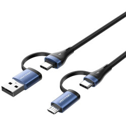 VENTION 4-in-1 Cotton Braided USB 2.0 Type-A Male + USB-C Male to USB-C Male + Micro Type-B Male 5A Cable 1M Blue Aluminum Alloy Type (CTLLF) (VENCTLLF)