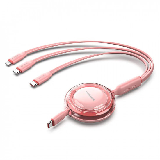 VENTION 3-in-1 USB 2.0 Type-C Male to USB-C Male + USB-C Male + Lightning Male 5A Retractable Cable 1.1M Pink (TRKPBE) (VENTRKPBE)