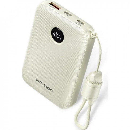 VENTION 10000mAh Power Bank (USB-C + USB-C/USB-C/USB-A) with Built-in USB-C to USB-C Cable 22.5W Beige LED Display Type (FKAN0-C) (VENFKAN0-C)