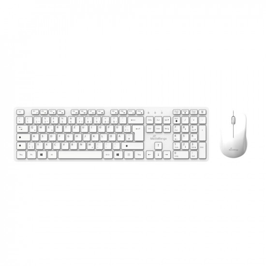MediaRange Wireless Keyboard and Mouse Set, QWERTY (GR), Function Keys, 3-Button Mouse,1.200 dpi, Symmetrical, Dongle, White (MROS278-GR)
