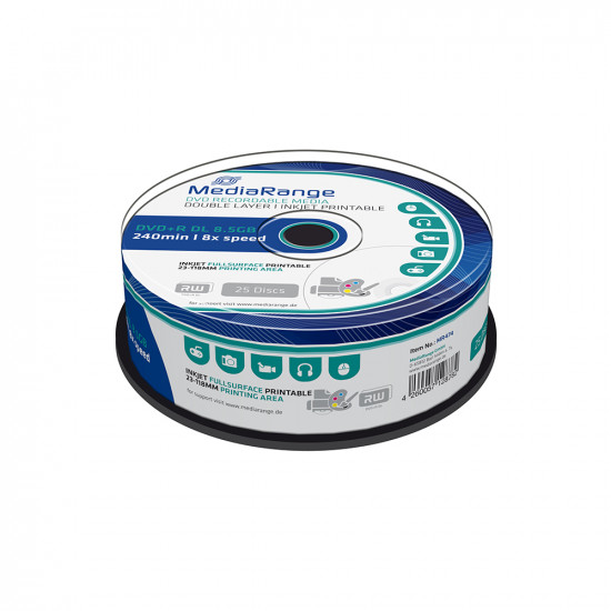 MediaRange DVD+R Double Layer 240' 8.5GB 8x Inkjet Fullsurface Printable Cake Box x 25 (MR474)
