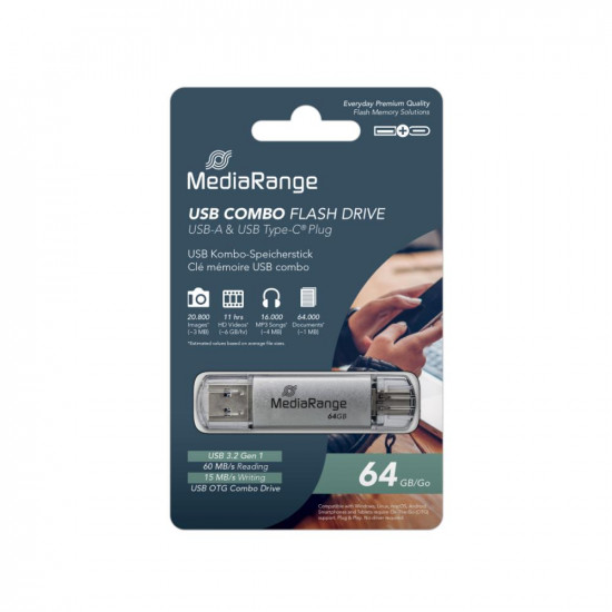 MediaRange USB 3.1 Combo Flash Drive with USB Type-C™ plug, 64GB (MR937)