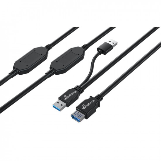 MediaRange Active USB Extension Cable, 2x USB-A Plug to 1x USB-A Socket, 2x Repeater, USB 3.0, 5 Gbps Data Transfer Rate, 15m, Black (MRCS244)