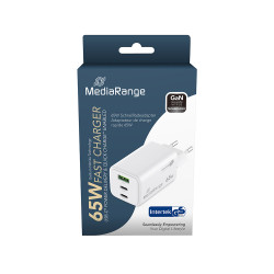 MediaRange 65W GaN Fast Charging Adapter (EU-Plug), 2x USB-C and 1x USB-A, USB-C® Power Delivery and Quick Charge enabled, White (MRMA116-2