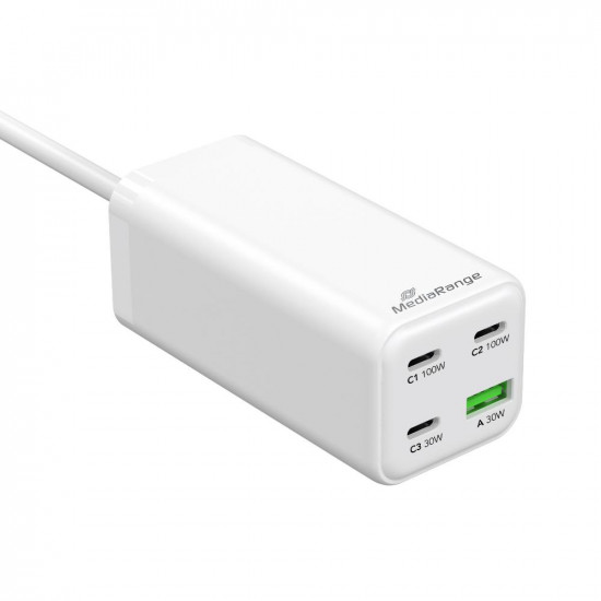 MediaRange 100W GaN Fast Charging Station, 1.5m Cable (EU-Plug), 3x USB-C and 1x USB-A, USB-C® Power Delivery and Quick Charge enabled, White (MRMA124)