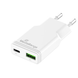 MediaRange 30W GaN Fast Charging Adapter (EU-Plug), 1x USB-C and 1x USB-A, USB-C® Power Delivery and Quick Charge enabled, White (MRMA125)