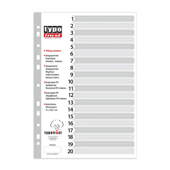Typotrust Διαχωριστικά A4 Αριθμητικά Πλαστικά 1-20 (FP40120) (TYPFP40120)