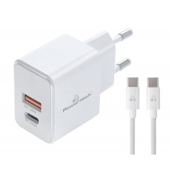 POWERTECH φορτιστής τοίχου PT-1248, καλώδιο, USB/USB-C, 20W, GaN, λευκός- POWERTECH
