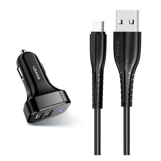 USAMS φορτιστής αυτοκινήτου C13 & καλώδιο type-C, 2x USB, 2.1A, μαύρο- USAMS