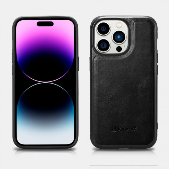 iCarer WMI14220720 iPhone 14 Pro Max Genuine Leather TPU Back Cover Black