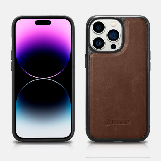 iCarer WMI14220720 iPhone 14 Pro Max Genuine Leather TPU Back Cover Dark Brown