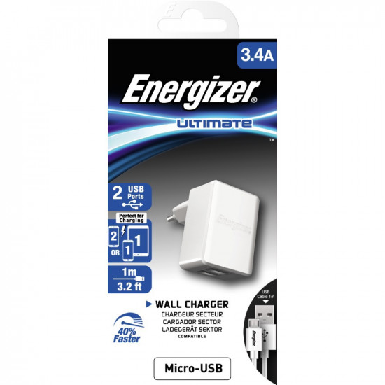 Φορτιστής Ταξιδίου Energizer ACW2CEUUMC3 3.4A με 2 θύρες USB A και Καλώδιο Micro USB 1m 46110