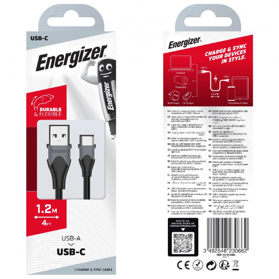 Καλώδιο Σύνδεσης Energizer Bicolor 2.0A USB-A σε USB-C Μαύρο 1.2m 35875