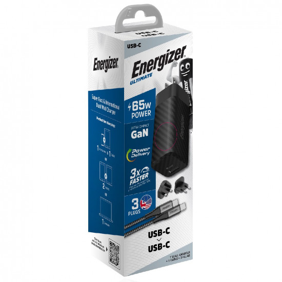 Φορτιστής Ταξιδίου Energizer A65MUC PD65W με Έξοδο USB-C/USB-A  Μαύρο GaN Tech με Καλώδιο USB-C σε USB-C 35874