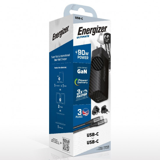 Φορτιστής Ταξιδίου Energizer A90MUC  με έξοδο USB-C/USB-A 90W Καλώδιο USB-C/USB-C Μαύρο 36963